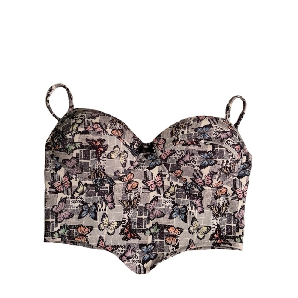 Say What Butterfly Crop Top Tank with Zippered Back & Padded Cups